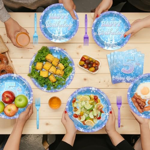 Snowflake Winter Wonderland 5th Birthday Paper Plates Napkins Forks Disposable Dinnerware Happy 5th Birthday Blue and Purple Winter Snowflake Tableware for Kids Christmas onderland Party Decorations - Image 6
