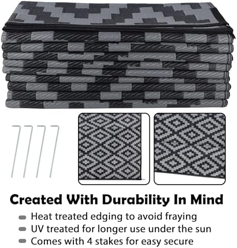 SAND MINE Waterproof Outdoor Rug 10x20 ft, Plastic Reversible Rug, Modern Area Rug, Large Floor Mat for Outdoors, RV, Patio, Backyard, Deck, Picnic, Beach, Camping, Black & Grey - Image 4