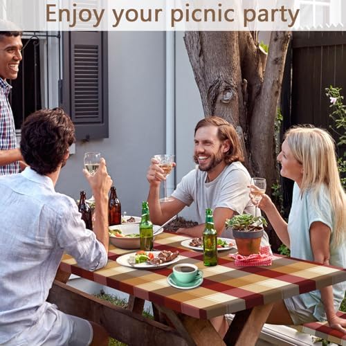 Checkered Style Picnic Table Cover with Bench Covers, Camping Essentials, Plaid Waterproof Windproof, Fitted Tablecloth Cover with Elastic Edge, for Indoor, Outdoor, 3 PCS, 30x96 Inch - Image 2