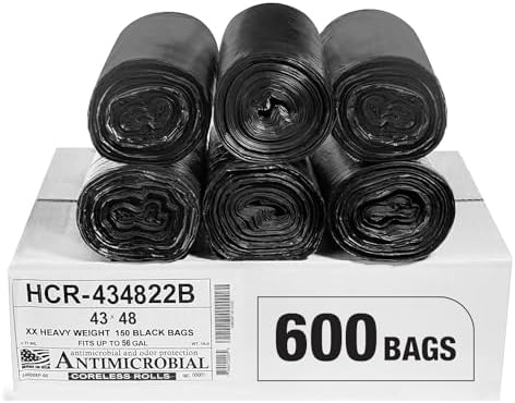 Aluf Plastics 56 Gallon 22 Micron (eq) Black Trash Bags 43" x 48" 600 Count by AlufPlastics