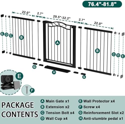 Fairy Baby 76.4"-81.8" Extra Wide Baby Gate for Stairs Doorways, Pressure Mount Pet Gate Auto Close Safety Child Gate, Long Large Dog Gate Indoor for House, 77 78 79 80 81 Inches Wide, Black - Image 2