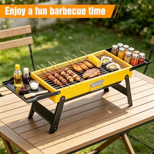 Portable Charcoal Grill, Small Stainless Steel Camping Tabletop BBQ Grill with Foldable Side Shelves, Compact Tabletop Barbecue with Carry Handle for Outdoor Picnic Backyard Beach Travel - Image 5