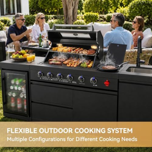 85" Modular Outdoor Kitchen Island,4-Burner 72,000 BTU Stainless Steel Propane Grill with Side Burner,Infrared Burner,Refrigerator,Sink,and Granite Countertop.Gas Grill for Backyard & Patio BBQ. - Image 5