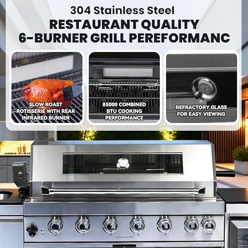 94-Inch 6-Burner 85000 BTU Natural Gas Outdoor Kitchen Grill Island with Shed, 304 Stainless Steel Silver, Wine Cooler, Rotisserie, Black Granite Countertops & Sink for Backyard BBQ - Image 4