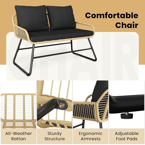 Yaheetech 4 Piece Patio Furniture Set, Outdoor Wicker Conversation Sets, Boho Loveseat & 2 Armchairs with Cushion and Pillow, Glass Top Table for Backyard, Porch, Balcony, Deck - Tan/Black - Image 3