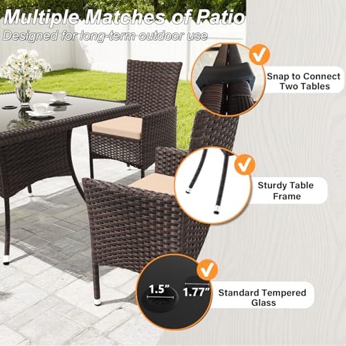 Gotland 5 Piece Outdoor Dining Set, All-Weather Rattan Patio Furniture Set with Umbrella Hole Tempered Glass Square Table, Outdoor Table and Chairs with Removable Cushions for Backyard, Deck, Sand - Image 6