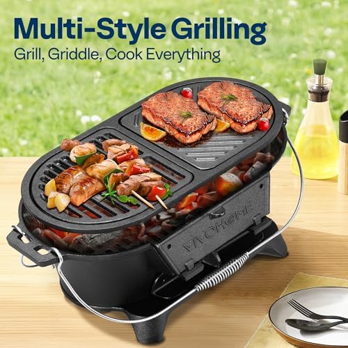 VIVOHOME Oval Cast Iron Grill with Interchangeable Grates & Griddle - Image 2