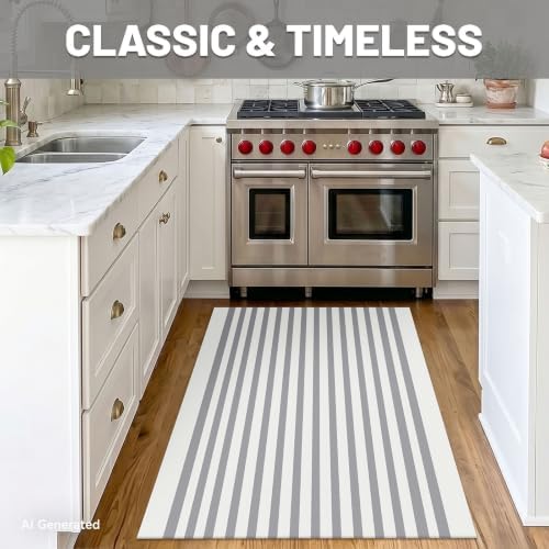 IOHOUZE 3x5 Striped Outdoor Rug, Washable Front Porch, Grey White - Image 2