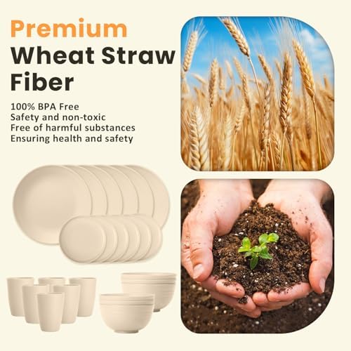 Homienly 24 PCS Premium Wheat Straw Dishes Set for 6, Reusable Plates and Bowls Sets,Cups,Lightweight & Unbreakable Dishwasher and Microwave Safe Dinnerware Sets for Kitchen,Outdoor- Beige - Image 3