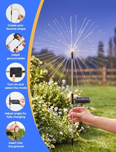 Multicolor Solar Lights Outdoor, 2 Pack 180LED Solar Garden Lights for outside, 8 Modes Firework Fairy light for Yard Pathway 4th of July Carnival Juneteenth Christmas Decor, Red/Yellow/Blue/Green - Image 6
