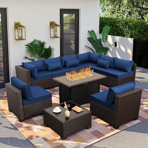Rattaner 10 Pieces Outdoor Sectional All-Weather Wicker Patio Furniture Set Patio Sectional and Steel Fire Table and Glass Patio Table Non-Slip Cushions and Waterproof Covers, Navy Blue by Rattaner