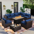 Rattaner 10 Pieces Outdoor Sectional All-Weather Wicker Patio Furniture Set Patio Sectional and Steel Fire Table and Glass Patio Table Non-Slip Cushions and Waterproof Covers, Navy Blue by Rattaner