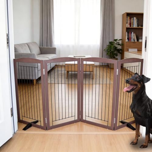 ZJSF Freestanding Dog Fence Indoor, Foldable Dog Gate for Doorways, Stairs or Hallways, Sturdy Wood Extra Wide Pet Gate with Support Feet for The House, Brown, 32 "Height-4 Panels by ZJSF