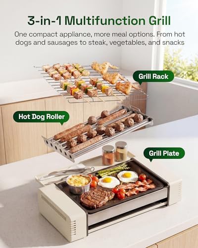 HBN Indoor Grill and Electric Griddle, 3-in-1 Smokeless Indoor Grill with Grill Rack & Nonstick Griddle & Sausage Grill Korean BBQ grill for Kitchen, Dishwasher Safe, 400F (Beige) - Image 2