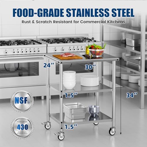 Stainless Steel Work Table with Wheels, 24x30 Inch NSF Kitchen Prep Table with 2 Adjustable Undershelves for Commercial Restaurant, Garage, Outdoor BBQ - Image 3