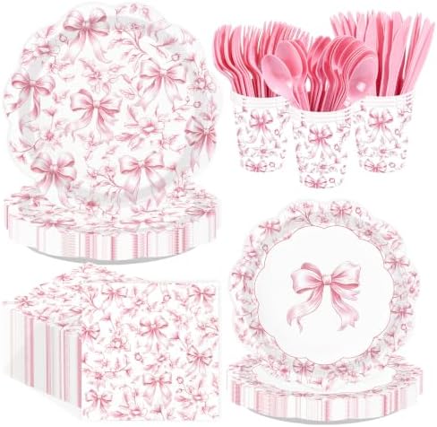 168 Pcs Pink Bow Floral Scalloped Party Decorations,Serves 24 by Greencian