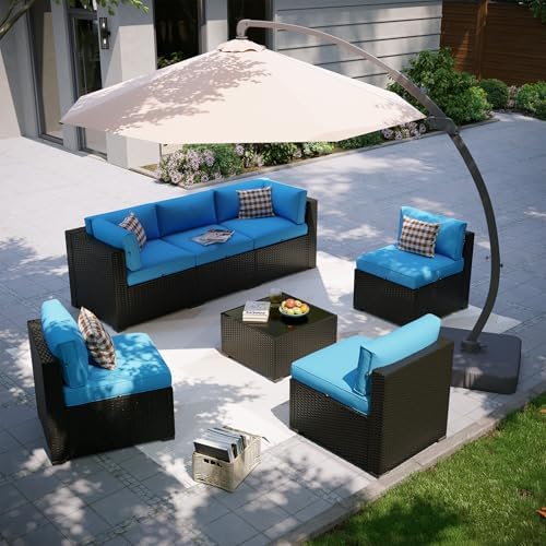 Aoxun Patio Furniture Set with Umbrella, 8 Piece Outdoor Sectional Sofas, Wicker Rattan Outdoor Furniture with Thickened Cushion for Backyard, Garden Peacock Blue by Aoxun