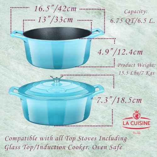 La Cuisine Enameled Cast Iron Oval Dutch Oven Casserole Pot with Lid 6.75 QT Internal Matte Black Enamel Coating for bread baking For GlassTop Oven-Safe 550°F/276°C 2-ToneTeal - Image 6