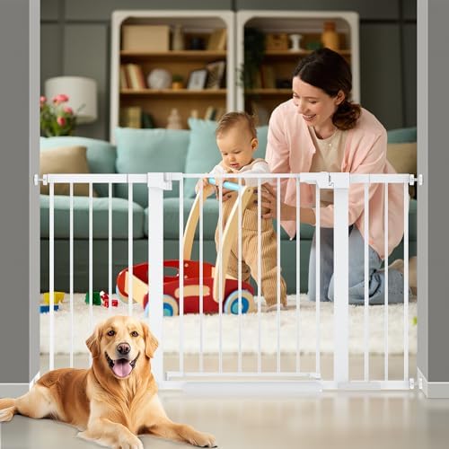 29-54 inches Extra Wide Metal Baby Gate for Stairs/Doorways, 30 inches Tall Pressure Mounted Pet Gates, Auto-Close Child Safety Gate, No Drilling Easy Walk-Through Dog Gate Indoor, White - Image 2