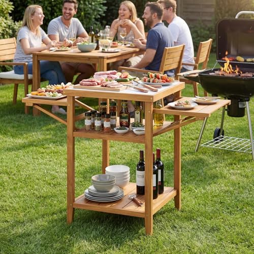HAPPYGRILL Outdoor Wood Grill Table w/Faux Marble Top, 2-Tier Open Shelves - Image 2