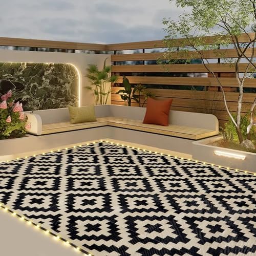 SAND MINE Reversible Mats with Led Strip Lights, Plastic Straw Rug, Modern Area Rug, Large Floor Mat for Outdoors, Patio, Backyard, Deck, Picnic, Camping, Black & Beige, 5' x 8' by SANDMIND