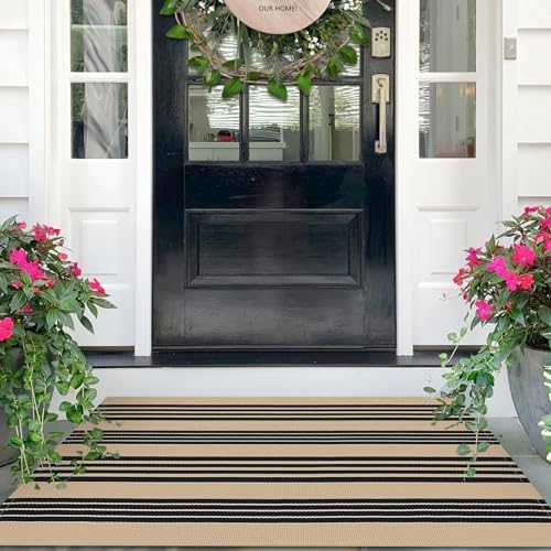 IOHOUZE 2.3x3.6 Striped Outdoor Doormat, Washable Front Door Rug, Black Tan by iOhouze