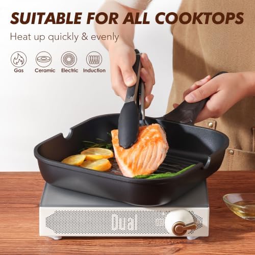 SENSARTE Nonstick Grill Pan with Lid, Grill Pan for Stove Tops, Versatile Griddle with Pour Spouts, Square Big Cooking Surface, Durable Skillet Indoor & Outdoor Grilling. PFOA Free - Image 6