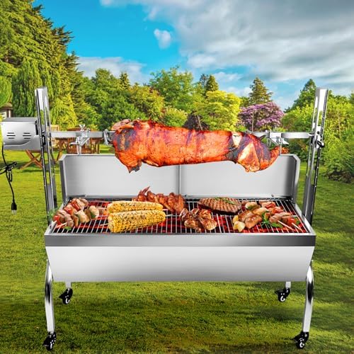 48.6" Electric Rotisserie Grill, Pig Lamb Spit Roaster Stand - 176 Lbs Capacity, Adjustable Height, BBQ Charcoal Rotisserie Grill Kit - Stainless Steel For Outdoor Party Camping by OLIPIC