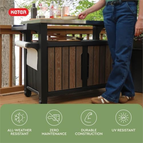 Keter Unity XL Outdoor Entertainment Cart with Wood‑Look Finish, 78‑Gallon Patio Storage Cabinet, Food Prep Station, Stainless‑Steel Top for BBQ, Grill, Patio, Deck & Backyard, Walnut - Image 5