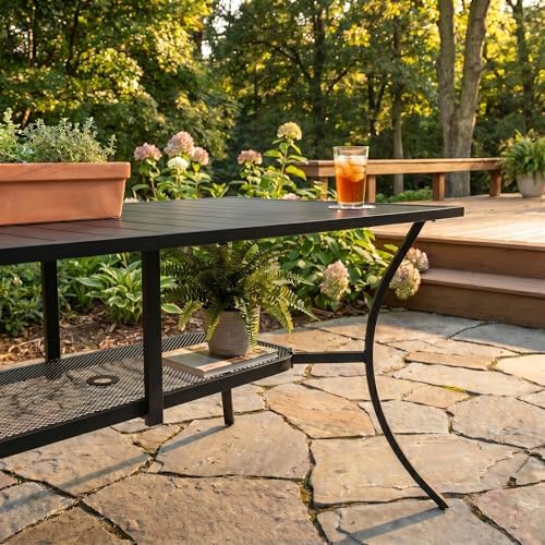 VICLLAX Patio Dining Set for 6, 7-piece Outdoor Dining Set - 59" Rectangle Patio Table and Chairs for Lawn Garden, Black Tabletop and Blue Fabric - Image 3