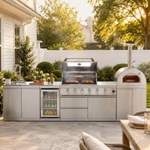 108,000 BTU Modular Outdoor Kitchen,125" Stainless Steel Natural Gas BBQ Grill with Built-In Pizza Oven,Side Burner,Rotisserie,Refrigerator,Granite Countertop,Storage Drawers & Cabinets. - Image 3