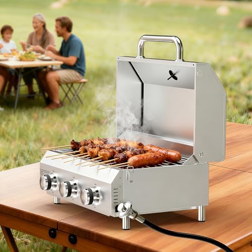 Bestfire 3-Burner Tabletop Propane Gas Grill with Dual Connections, 30,000 BTU Portable Propane Grill Fits Large Cylinders & Small Canisters, Knobs, Compact Design for Camping, RV, BBQ - Image 5