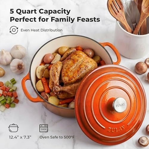 Zulay Kitchen 5 Quart Enameled Cast Iron Dutch Oven Pot with Lid – Premium Durability & Oven Safe up to 500°F – Heavy Duty Cookware Perfect for Bread Baking, Stews, Braising & Roasting – Orange - Image 6