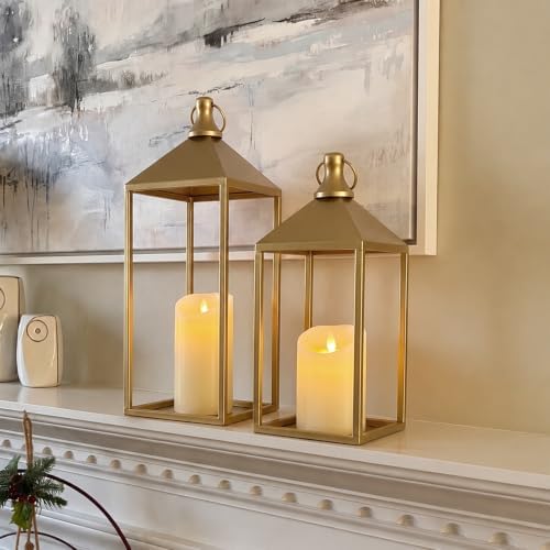 Decorative Candle Lanterns Indoor, 2 Pcs Gold Metal Lanterns with Candles - Image 5
