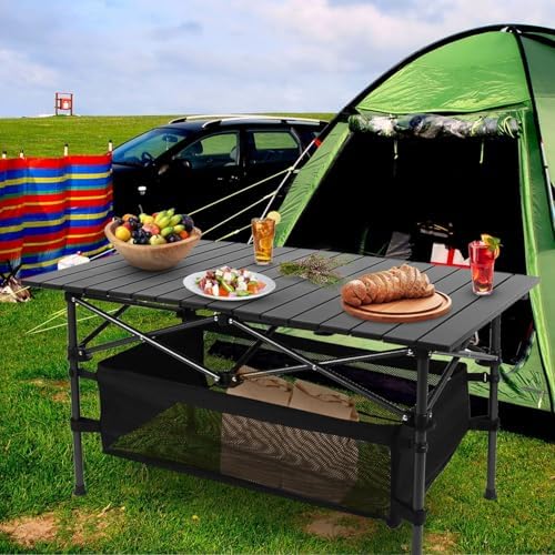 220lb Capacity Foldable Camping Table Aluminum Top Steel Frame with Mesh Basket Portable BBQ Picnic Beach Table Carry Bag for Outdoor Dining Travel by Unknown