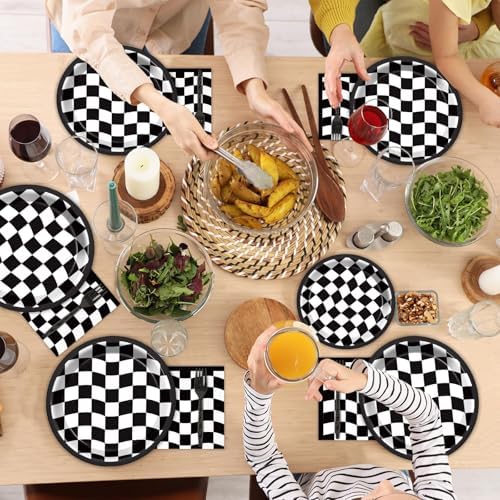 200 PCS Black and White Checkered Party Plates Napkins Race Car Birthday Cake Tableware Set for Checkered Flag Disposable Dessert Plates Forks Decor Serve 50 Guests for Racing Party Favor Supplies - Image 4