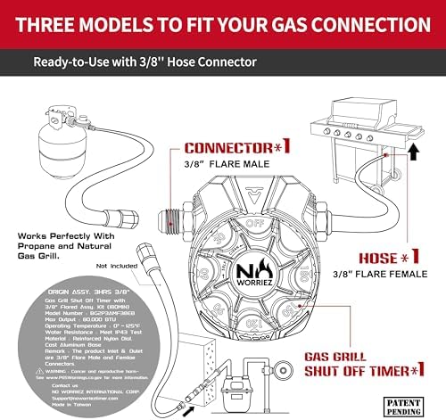 NO WORRIEZ 3 Hour Bypass Safety Auto Shut-Off Gas Timer for Propane & Natural Gas | Outdoor Grill, Fire Pit, Pizza Oven | – 100,000 BTU w/ 3/8" Flared Male Connector & Female Hose, Patent Pending - Image 5