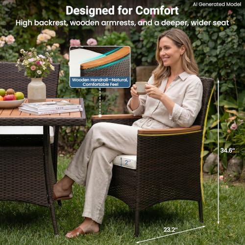 Wisteria Lane 5-Pieces Patio Dining Sets, Rattan Outdoor Table and Chairs with Acacia Wood Tabletop, Metal Patio Dining Furniture for 4 with Removable Cushions for Garden Backyard Deck, Brown - Image 5