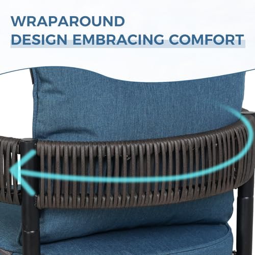 Grand patio 5-Piece Outdoor Dining Set for 4, Metal Woven Wicker Fixed Patio Chairs with Thickened Cushions & 1 Square Woodgrain Dining Table with Umbrella Hole for Backyard Deck (Brown) - Image 2