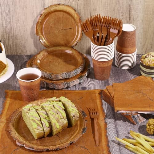 Kochorie 400 Pieces Wood Grain Slice Disposable Party Tableware Sets Rustic Wood Party Supplies Including Plates Cups Napkins Cutlery Serves 50 for Camping Birthday Forest Themed Party Decorations - Image 4