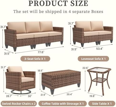 UDPATIO Patio Furniture Set, 6 Pieces Outdoor Furniture Sets with Rocking Swivel Chairs, Wicker Rattan Outdoor Conversation Set with Storage Table and Waterproof Covers for Backyard Deck Porch, Khaki - Image 3