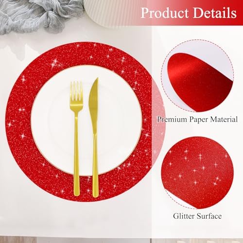 30 PCS Red Paper Placemats Round Place Mat Glitter Disposable Paper Charger Doilies Tablemats for Christmas Valentines Party Birthday Wedding Dinner Table Decor(13x13inch) - Image 3