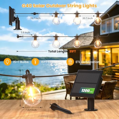 31FT G40 Solar String Lights Outdoor Waterproof IP65 with USB-Charging - Image 2