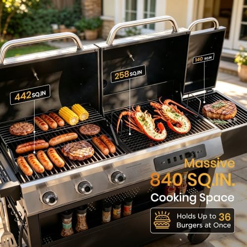 Captiva Designs 3 Burner Gas Charcoal Combo Grill with Offset Smoker, Black - Image 3