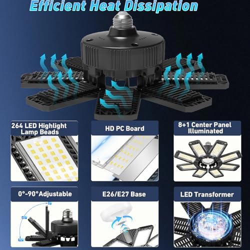 Garage Light 6 Pack - 240W 24000LM 6500K Garage Lights Ceiling LED with 8+1 Deformable Panels, E26/E27 Screw Socket in LED Shop Light for Workshop, Basement, Gym, Barn, Warehouse etc Bay Lighting - Image 3