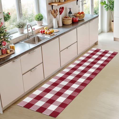 IOHOUZE Christmas Buffalo Plaid Runner Rug 2x8, Washable, Red White - Image 2