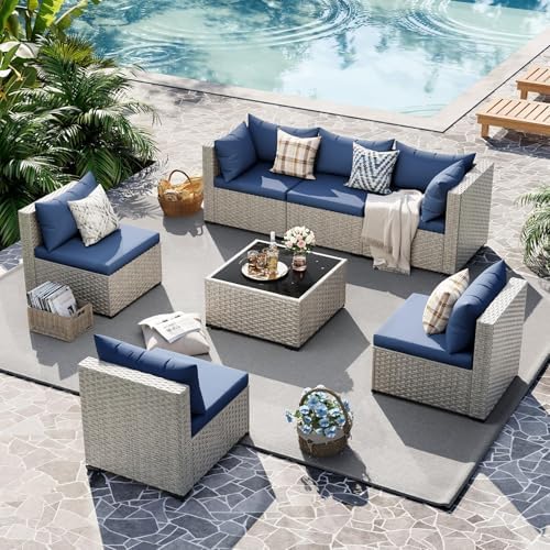 UDPATIO Outdoor Patio Furniture Set 7 Pcs Wicker Sectional Sofa Blue - Image 5