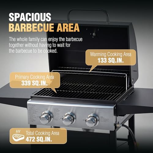 MASTER COOK 3 Burner BBQ Propane Gas Grill, 472 Sq. In. Cooking Area, 30,000 BTU Stainless Steel Barbecue Grill with Two Foldable Shelves for Outdoor Patio, Backyard - Image 5