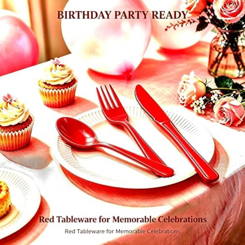 75 Pack Red Heavy Duty Plastic Silverware Set, Disposable Knives, Forks & Spoons, 25 Sets for Birthday, Baby Shower, Camping, Picnic & Party - Image 3