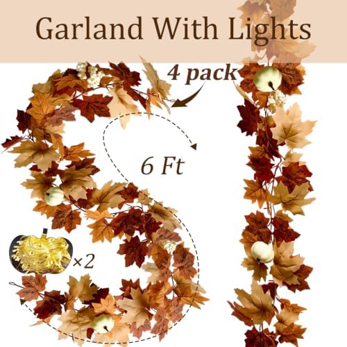 4 Pack Fall Garland with Lights-Total 24Ft Autumn Leaves Garland for Mantle Fireplace-Brown Fall Decor for Front Door with Pumpkins Indoor Maple for Stairs Porch Thanksgiving Decorations - Image 2